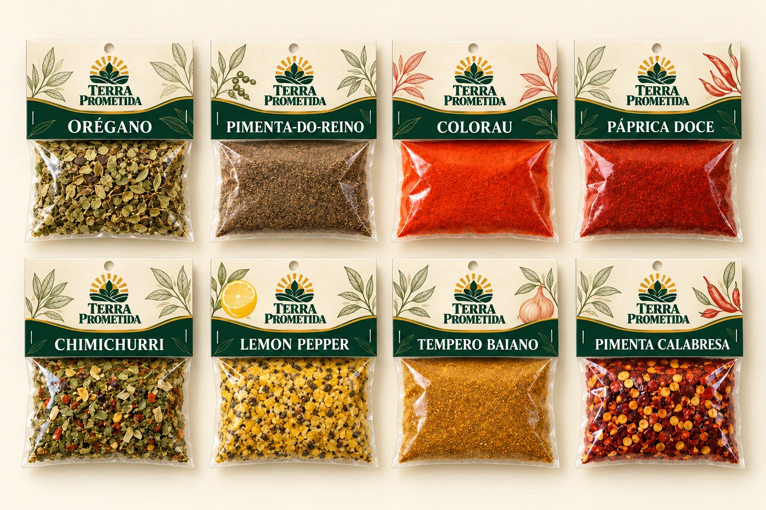 Oito embalagens ilustrativas da Terra Prometida: Orégano, Pimenta-do-reino, Colorau, Páprica doce, Chimichurri, Lemon pepper, Tempero baiano e Pimenta calabresa.
