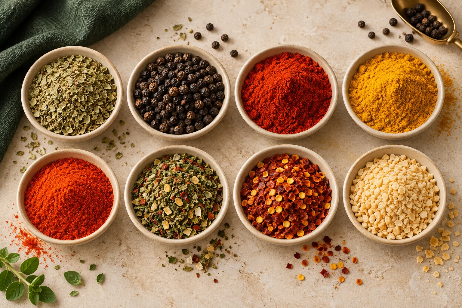 Oito tigelas de cerâmica exibindo a variedade de temperos, ervas desidratadas, grãos de pimenta e condimentos coloridos sobre bancada clara.